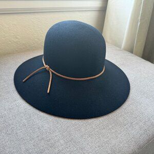 Phenix Black 100% Wool Wide Brimmed Hat Brown Leather Trim One Size Unisex